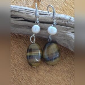 Elegant Pearl Sterling Silver And Tiger Eye Drop Earrings